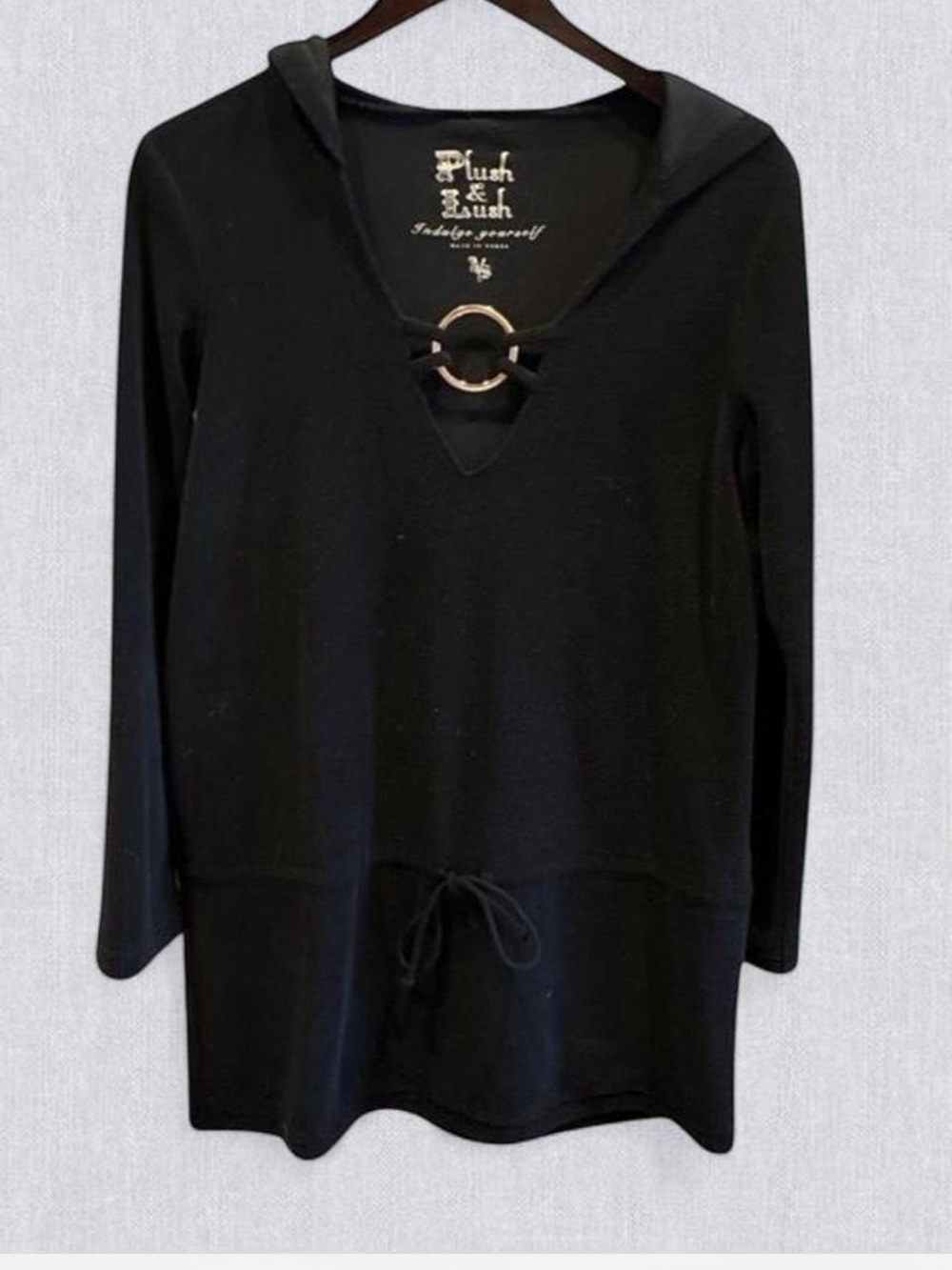 NWOT VintageY2K VS Plush & Lush Black Terry Metal Ring Hooded Tunic Mini Dress M